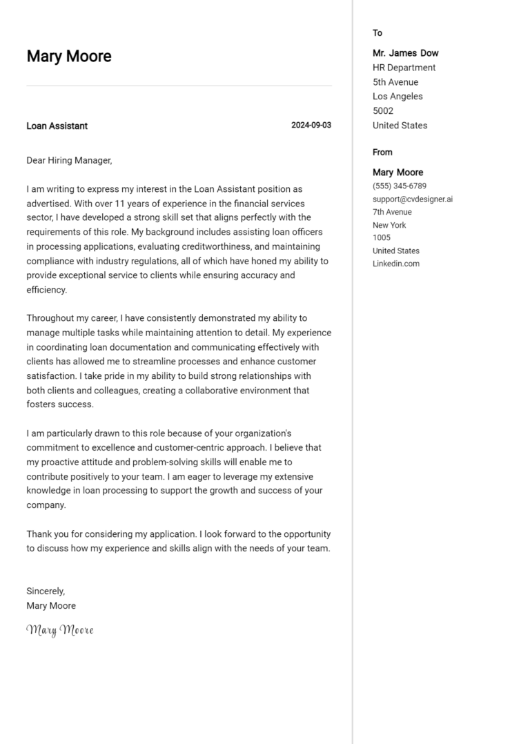 Loan Assistant Cover Letter Example for 2025: Top CV Skills