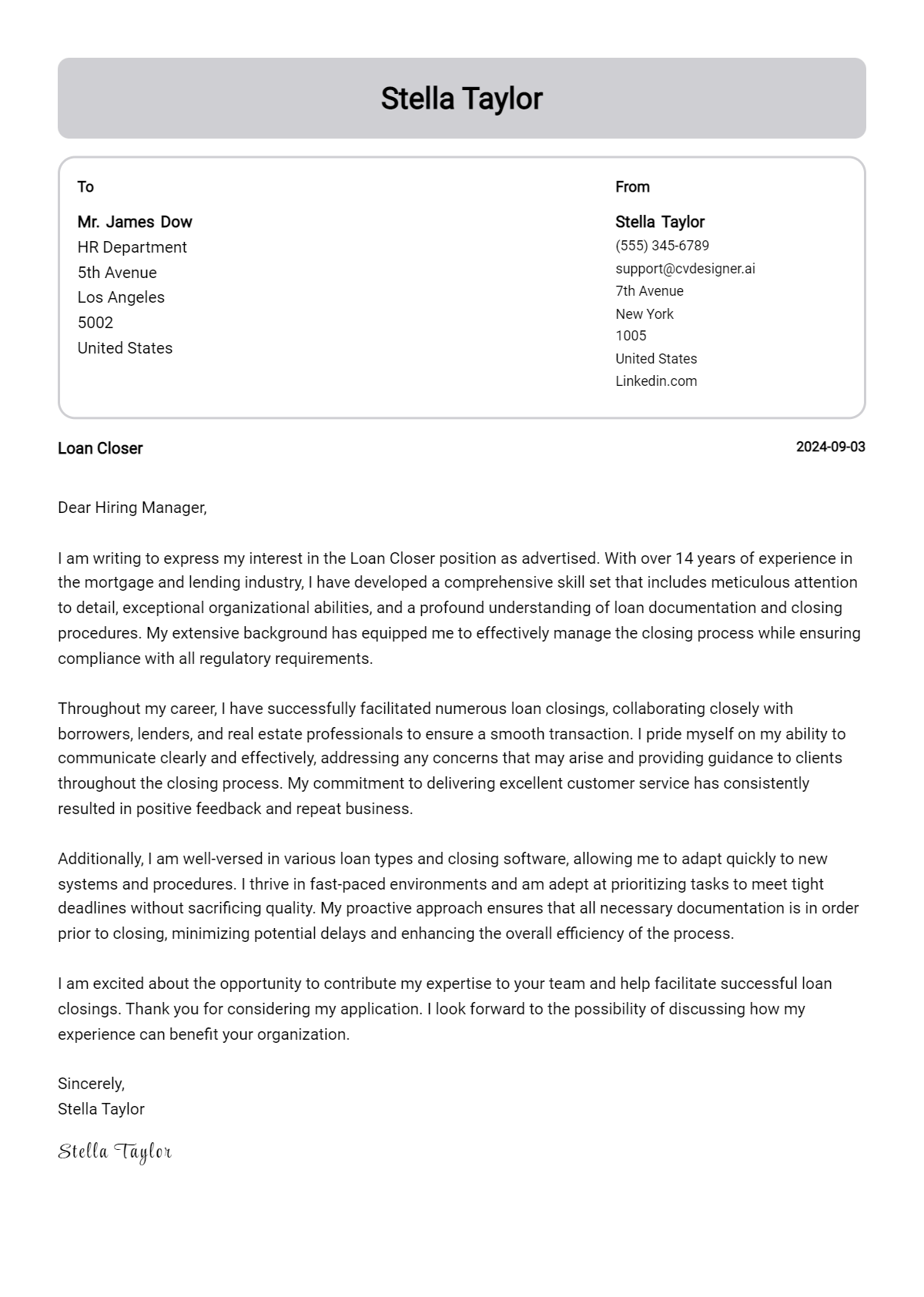 loan closer cover letter example