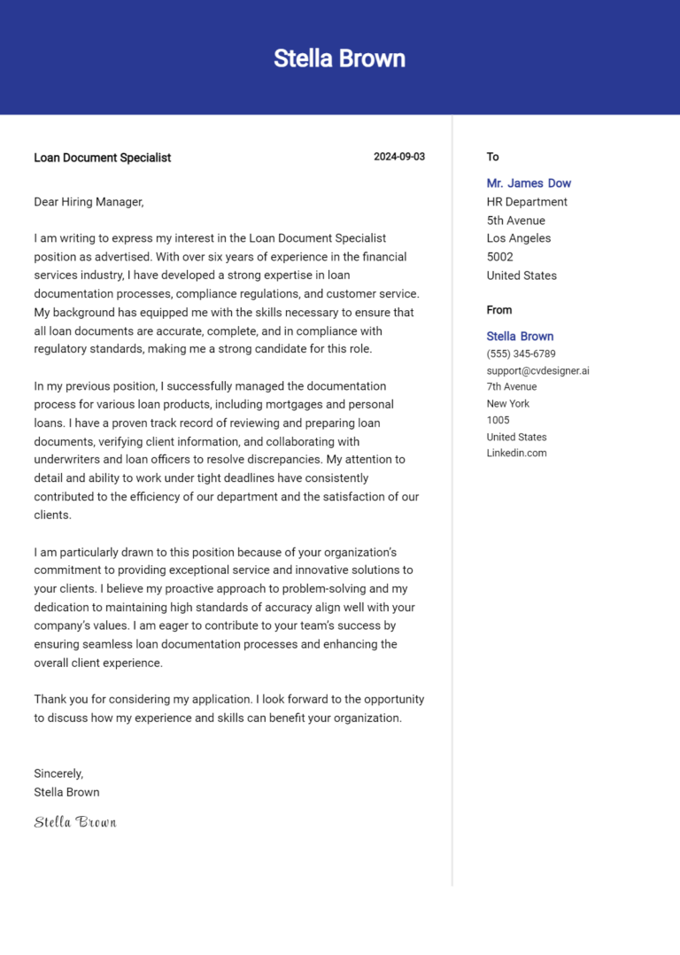 Loan Document Specialist Cover Letter Examples with Writing Tips for 2025 1 Loan Document Specialist Cover Letter Examples with Writing Tips for 2025
