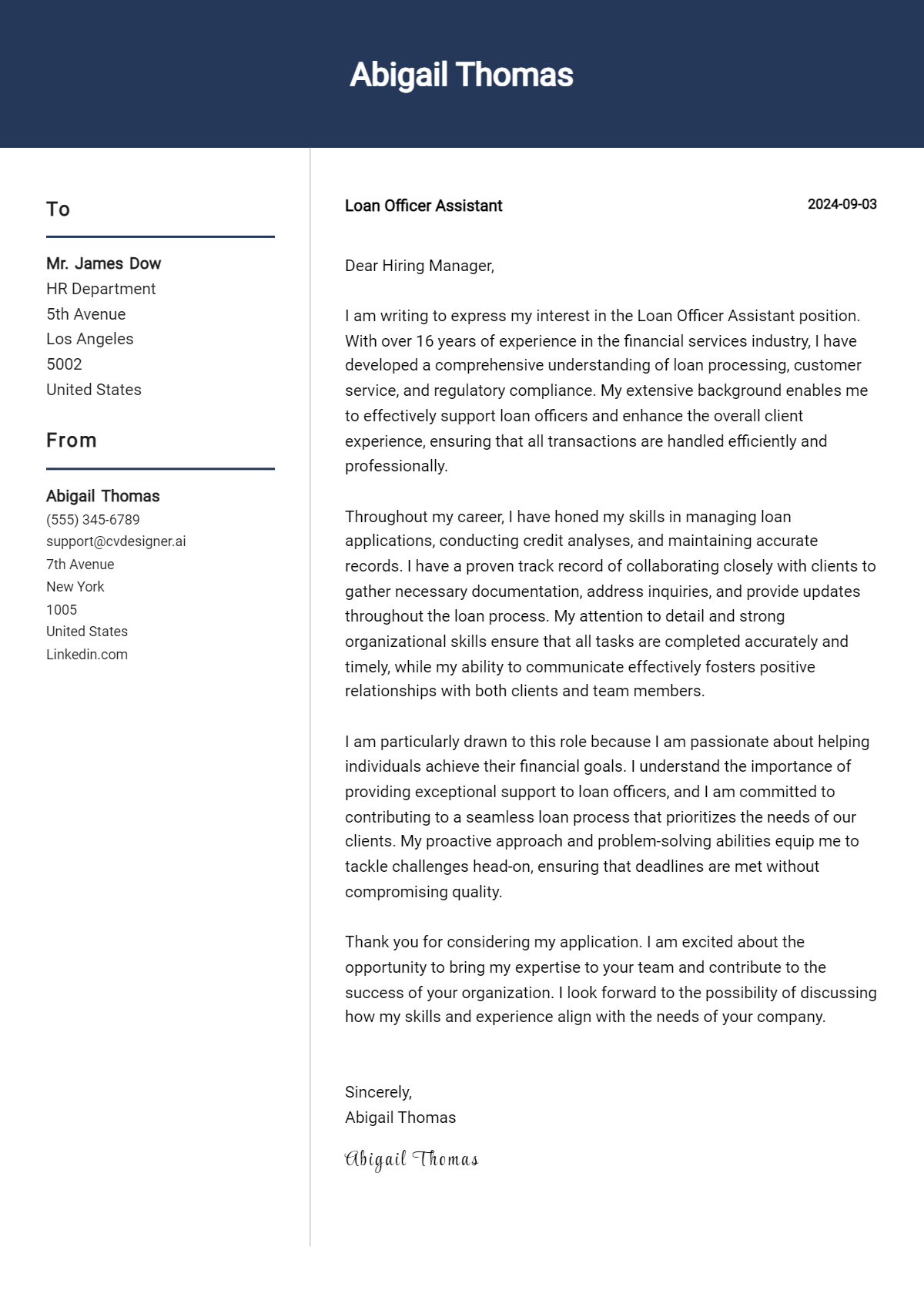 loan officer assistant cover letter example