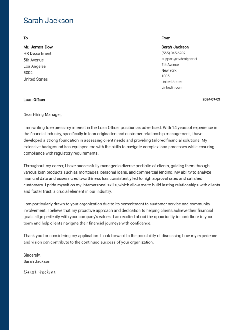 Loan Officer Cover Letter Example for 2025: Ultimate Guide