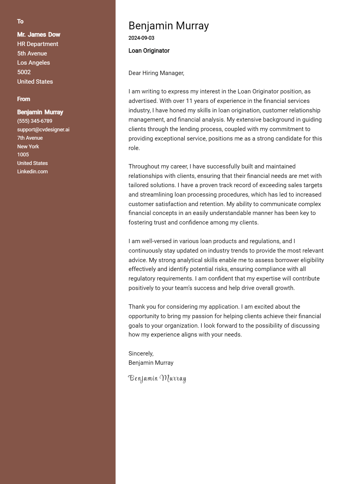 loan originator cover letter example