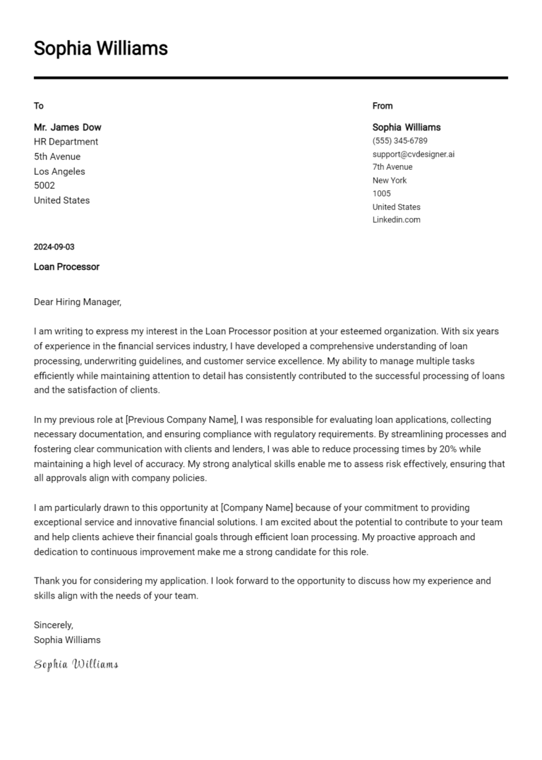 Loan Processor Cover Letter Example for 2025: Top CV Skills