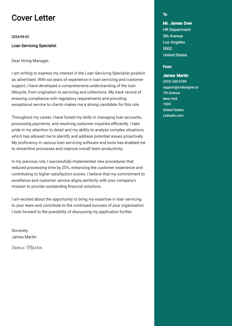 Loan Servicing Specialist Cover Letter Example for 2025: Expert Tips & Templates