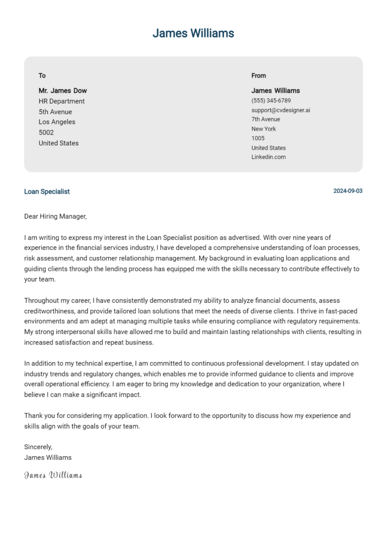 Loan Specialist Cover Letter Examples with Writing Tips for 2025