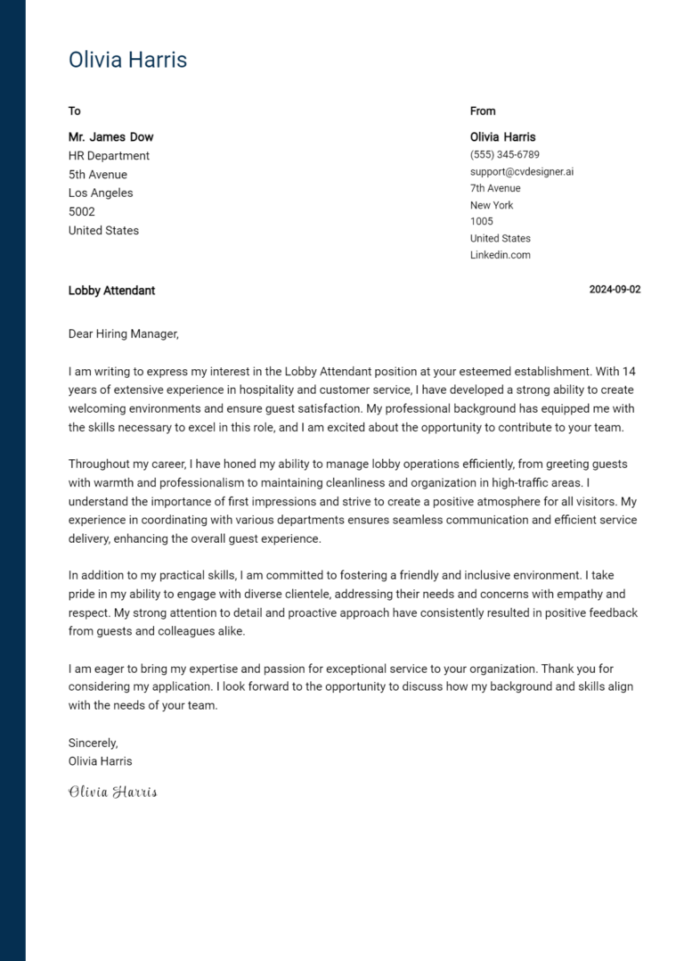 Lobby Attendant Cover Letter Example for 2025 (Free Templates)