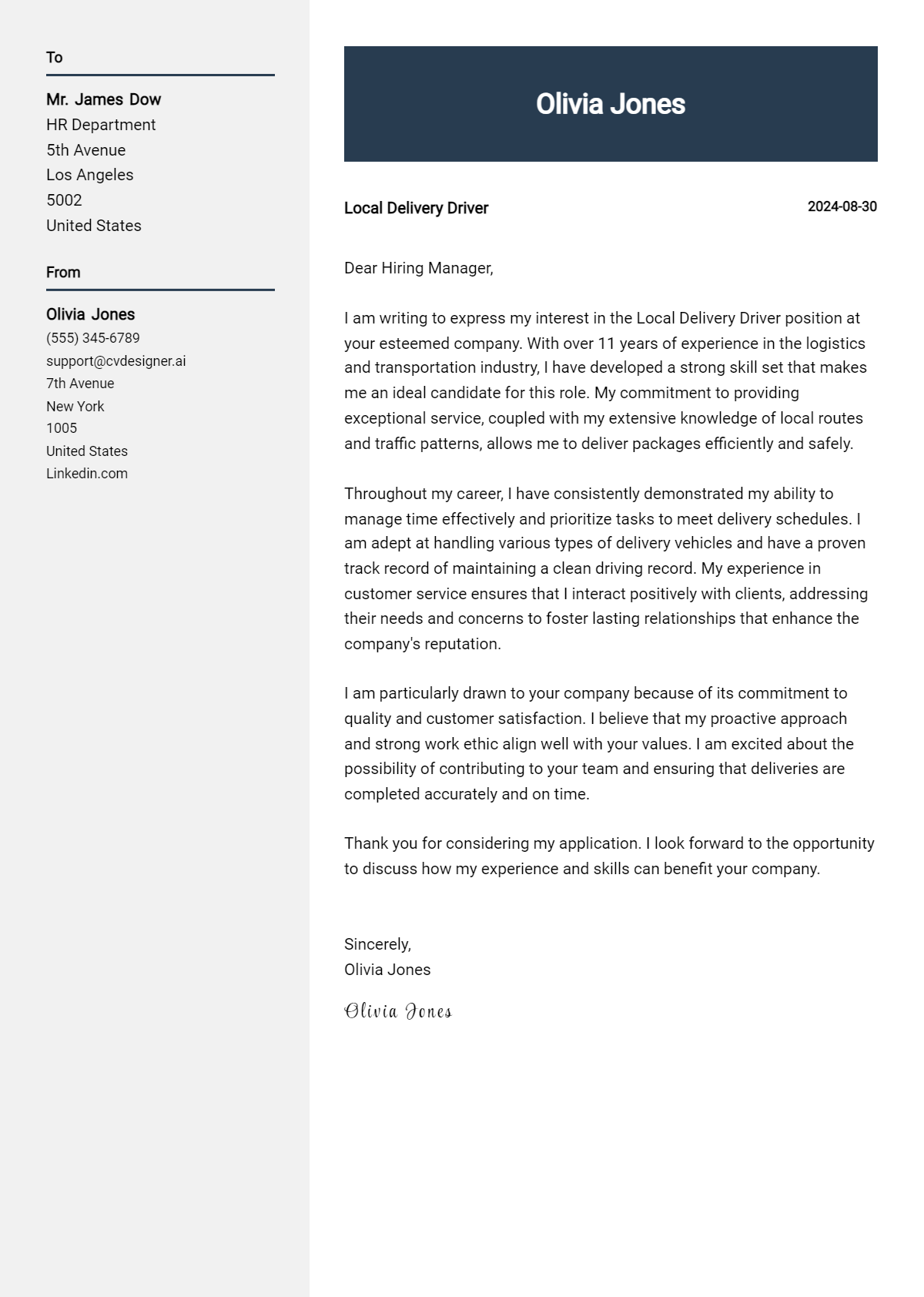 local delivery driver cover letter example