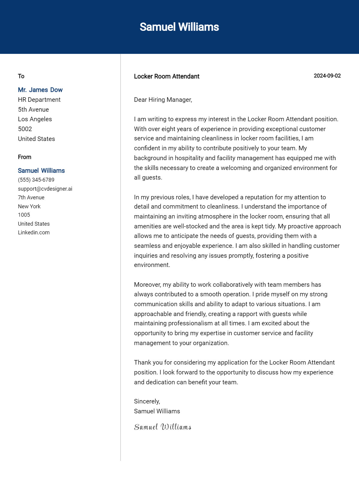 locker room attendant cover letter example
