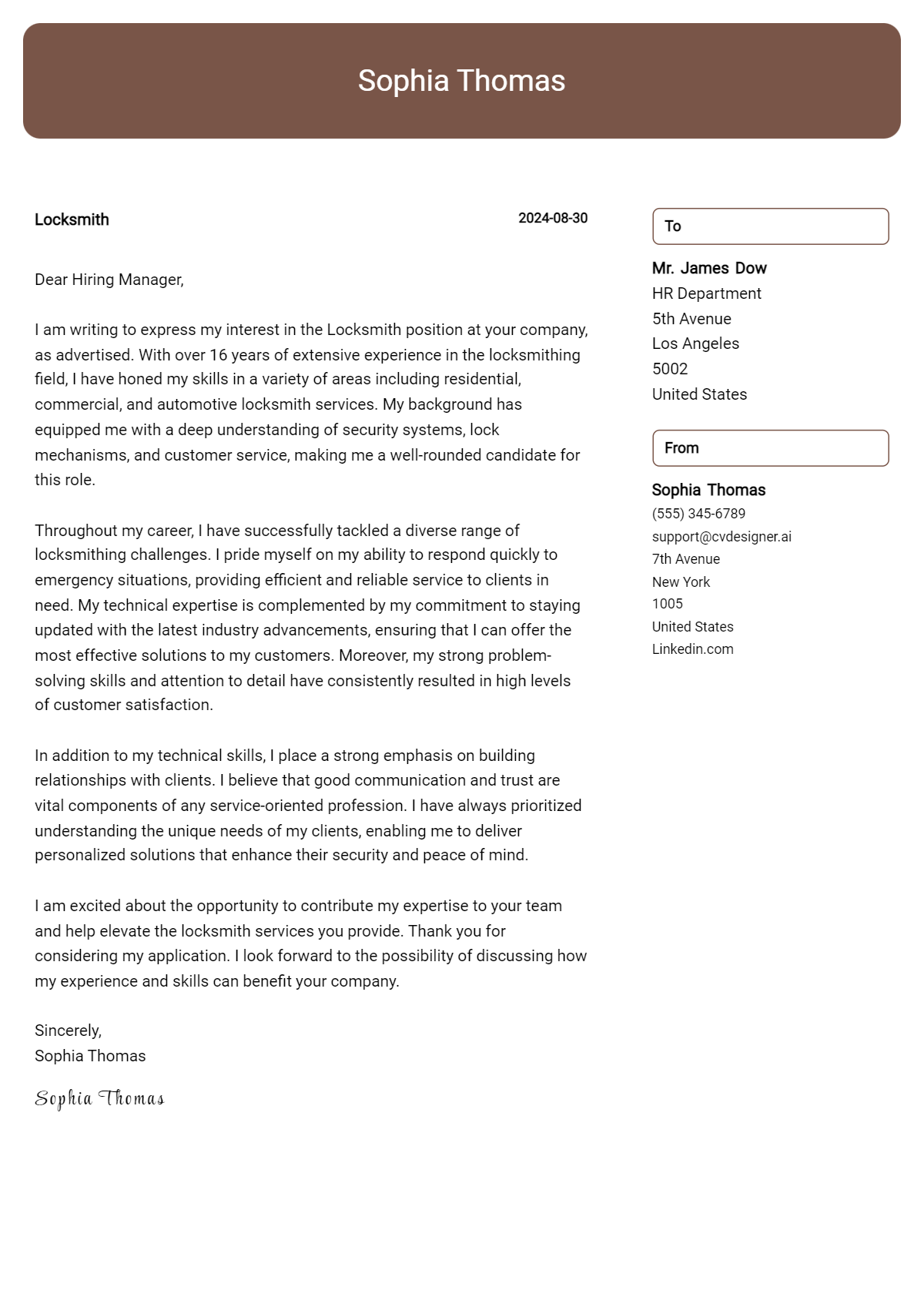 locksmith cover letter example