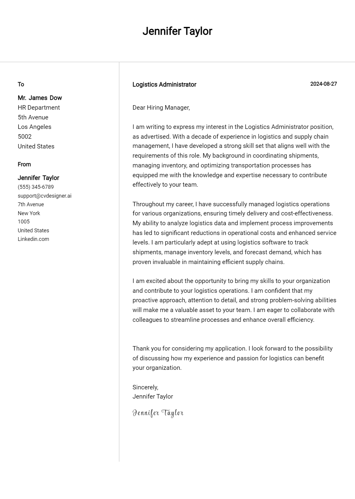 logistics administrator cover letter example