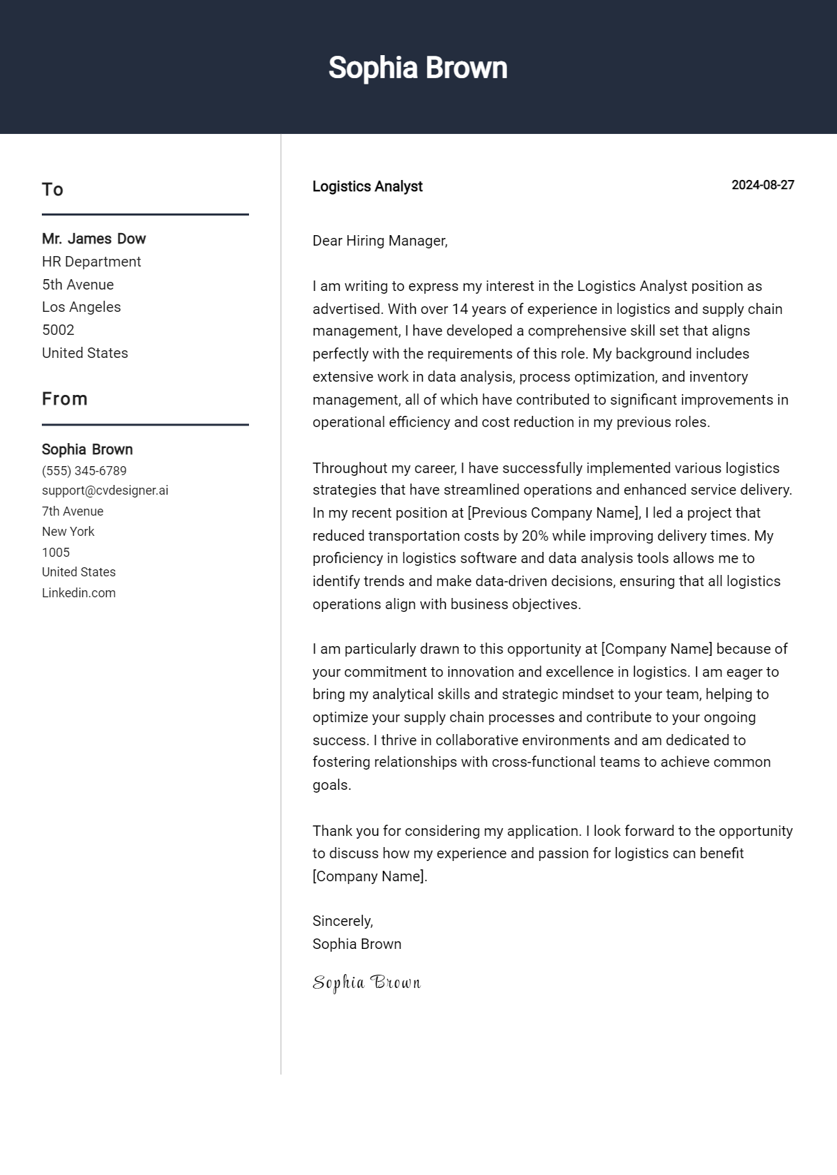 logistics analyst cover letter example