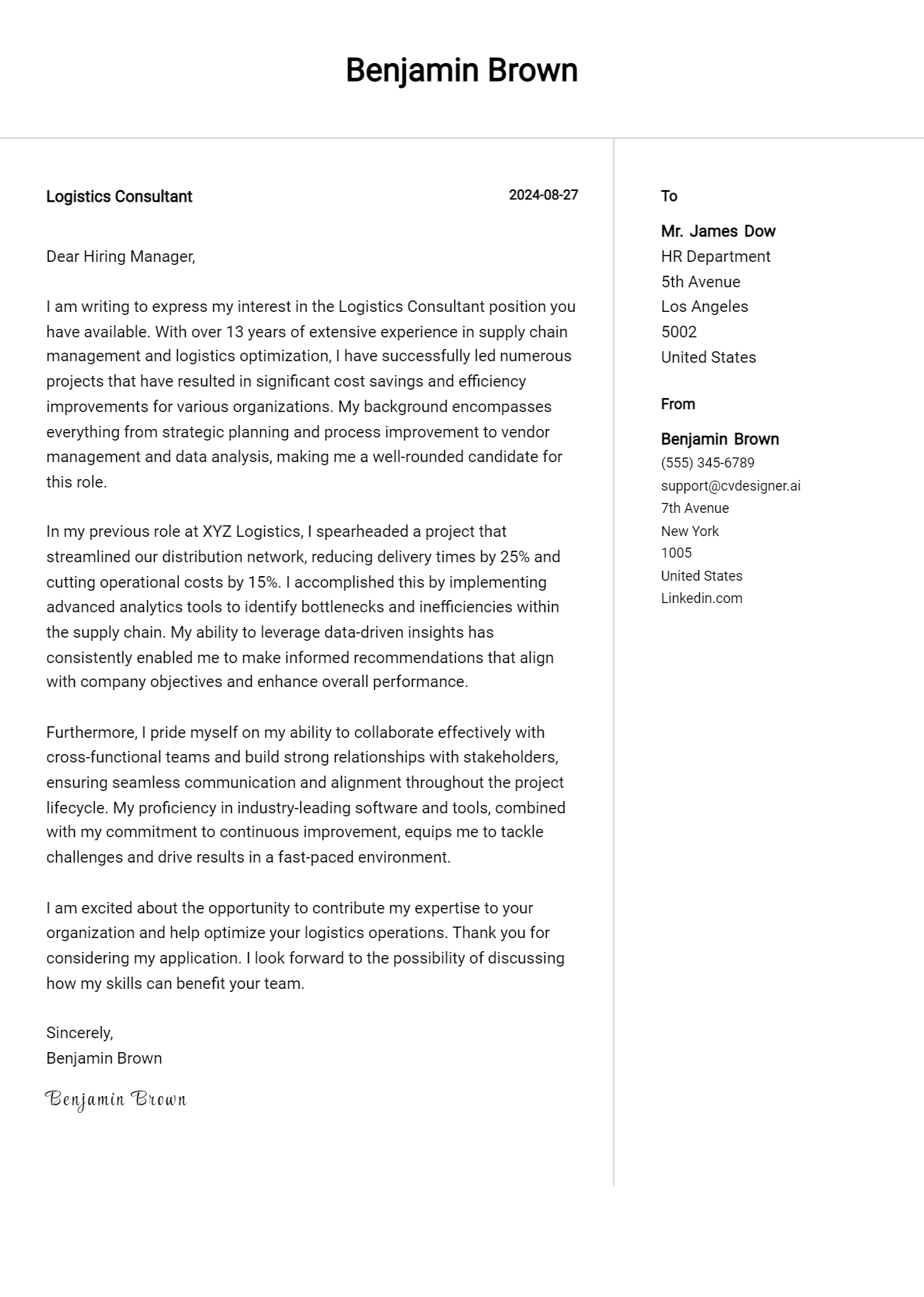 logistics consultant cover letter example
