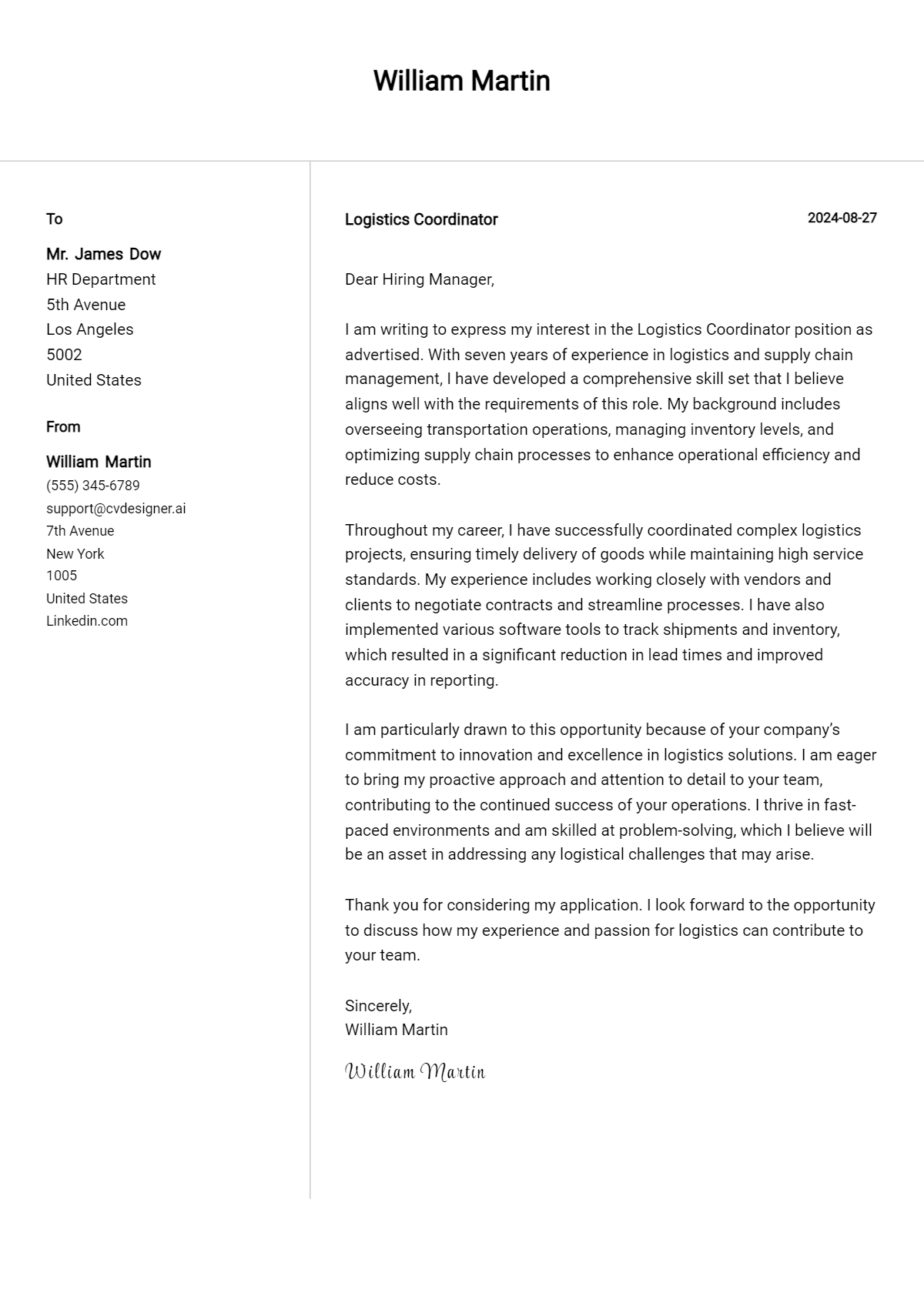 logistics coordinator cover letter example