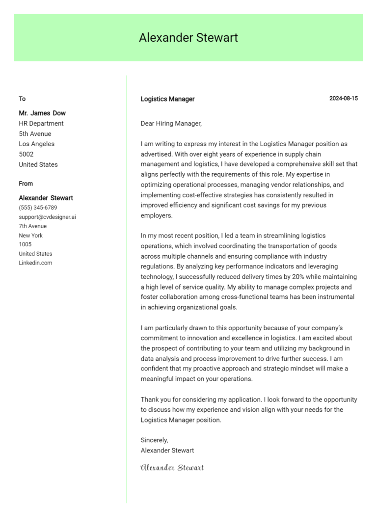 Logistics Manager Cover Letter Example for 2025: Tips & Templates