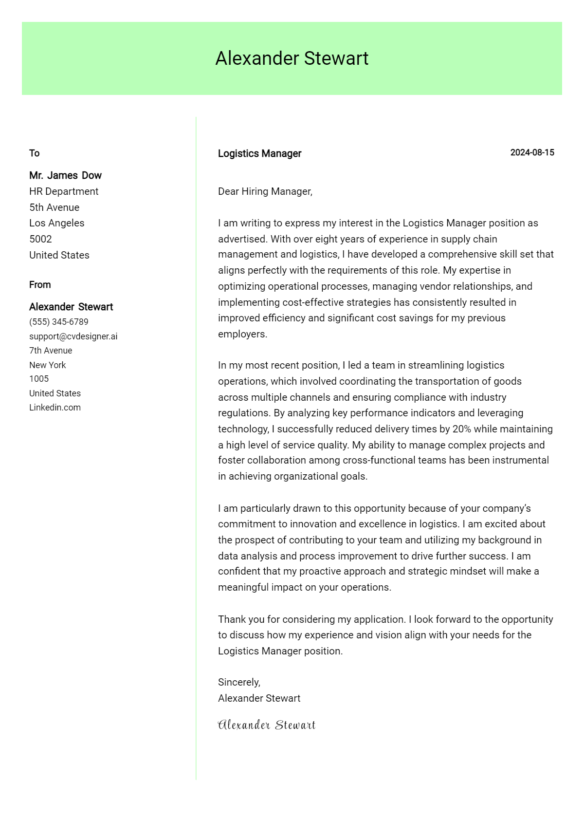 logistics manager cover letter example