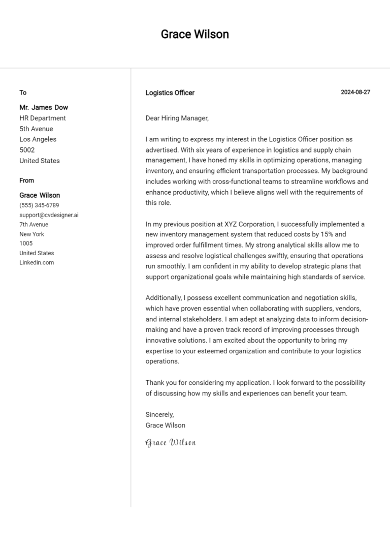 Logistics Officer Cover Letter Examples and Templates for 2025