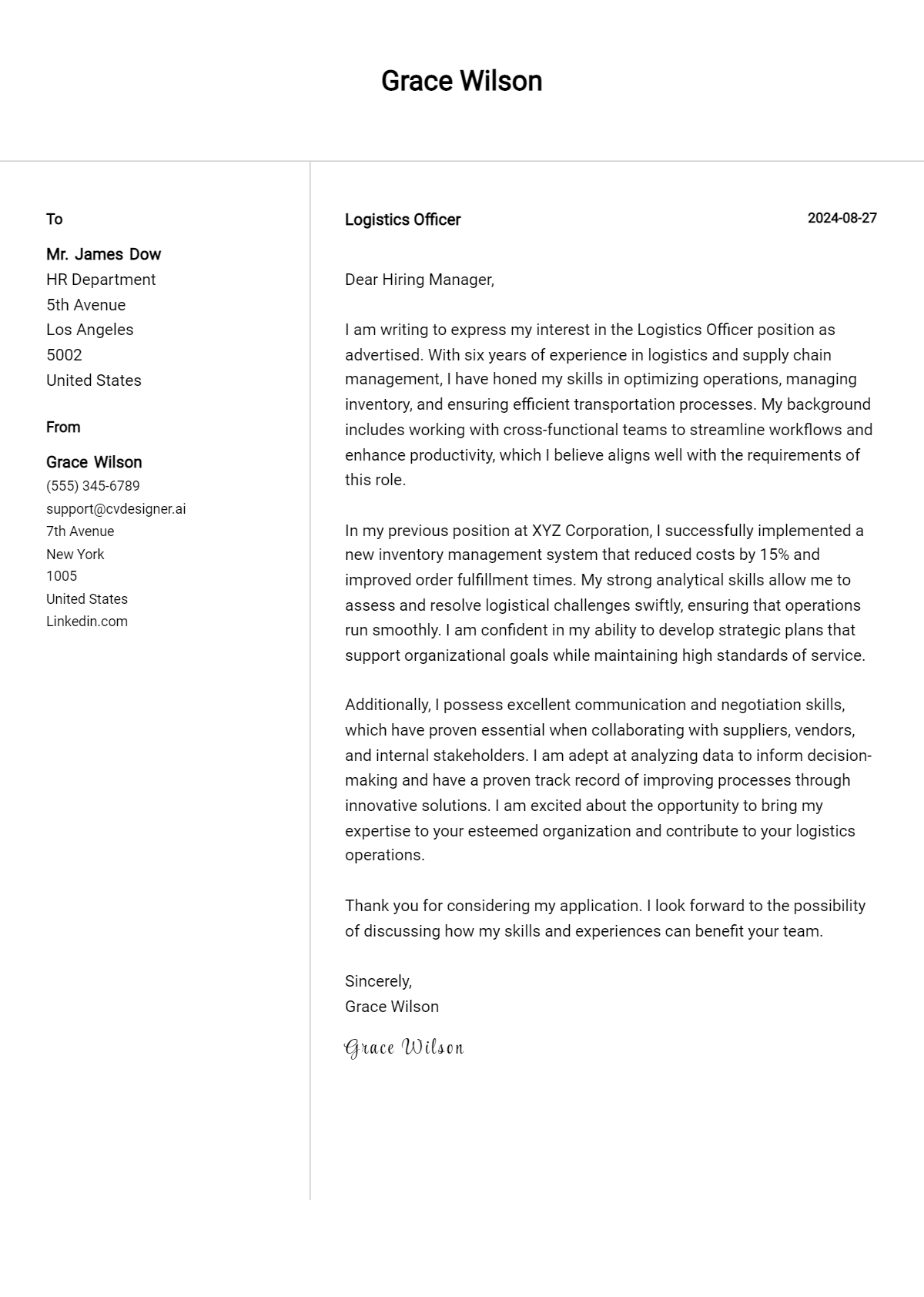 logistics officer cover letter example