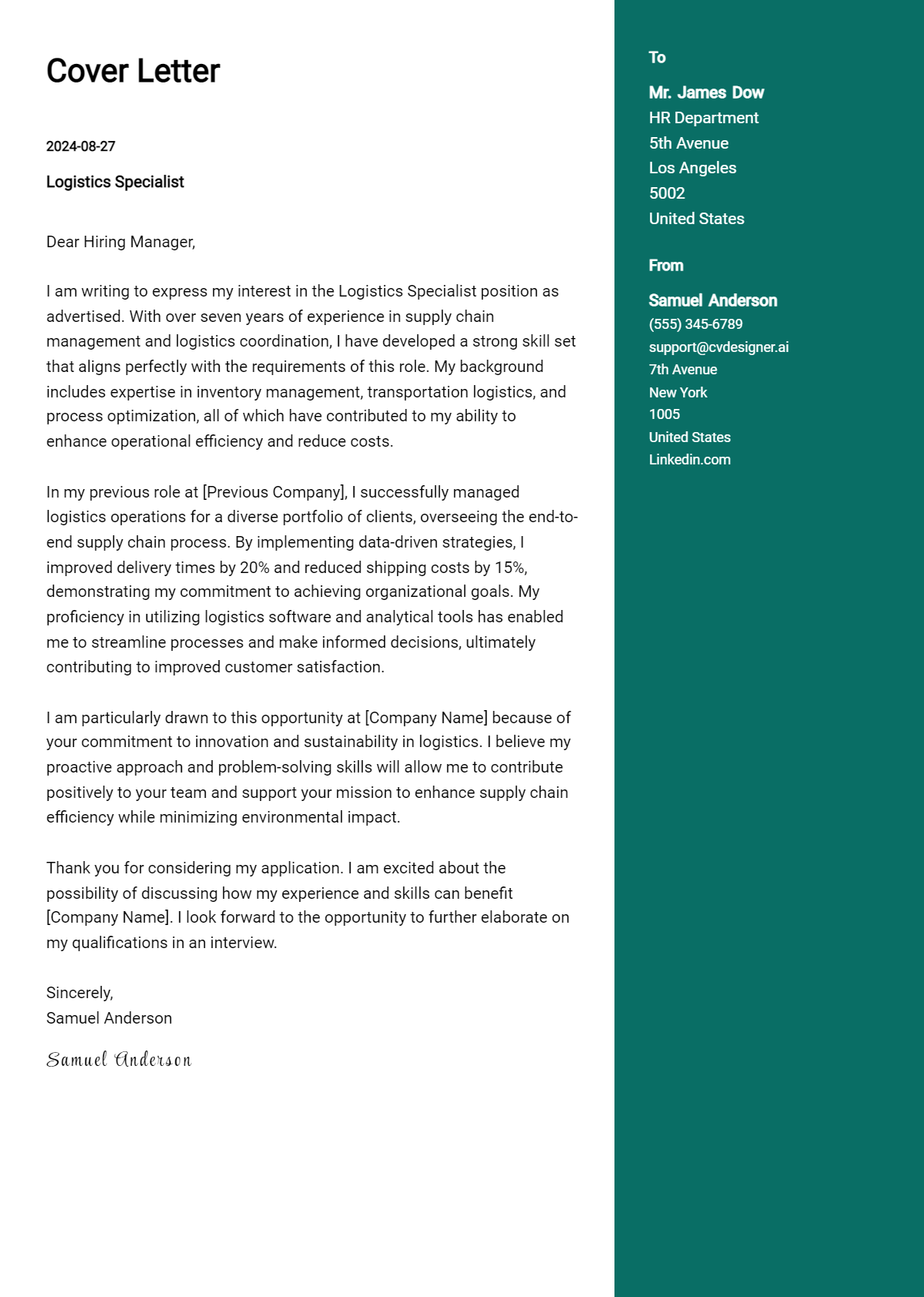 logistics specialist cover letter example