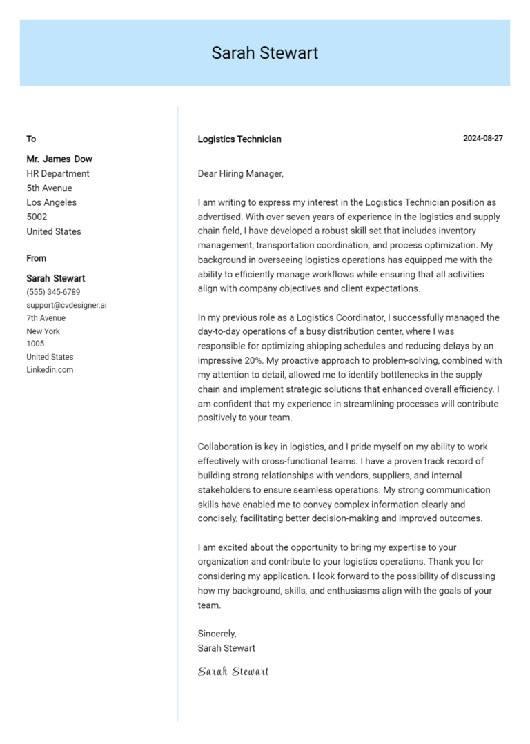 Logistics Technician Cover Letter Example for 2025: Ultimate Guide 1 Logistics Technician Cover Letter Example for 2025: Ultimate Guide