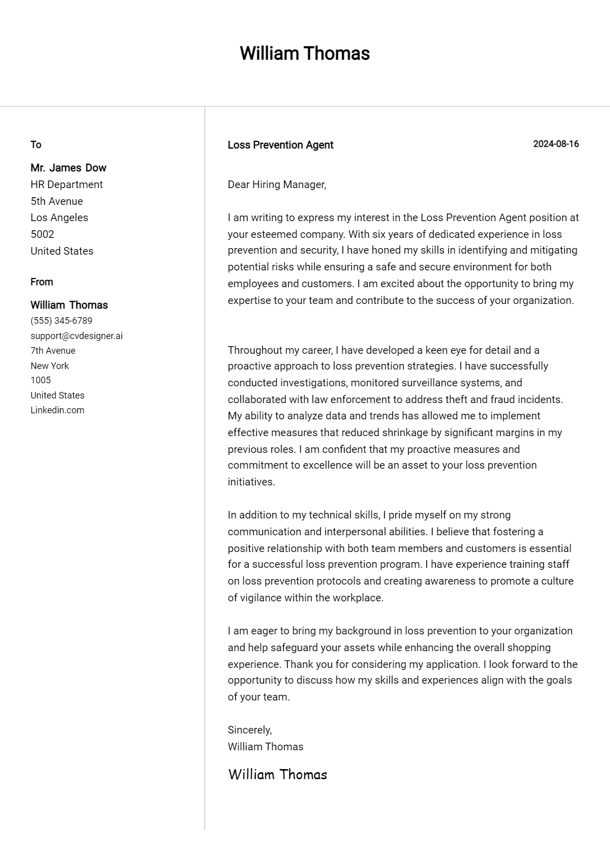 loss prevention agent cover letter example