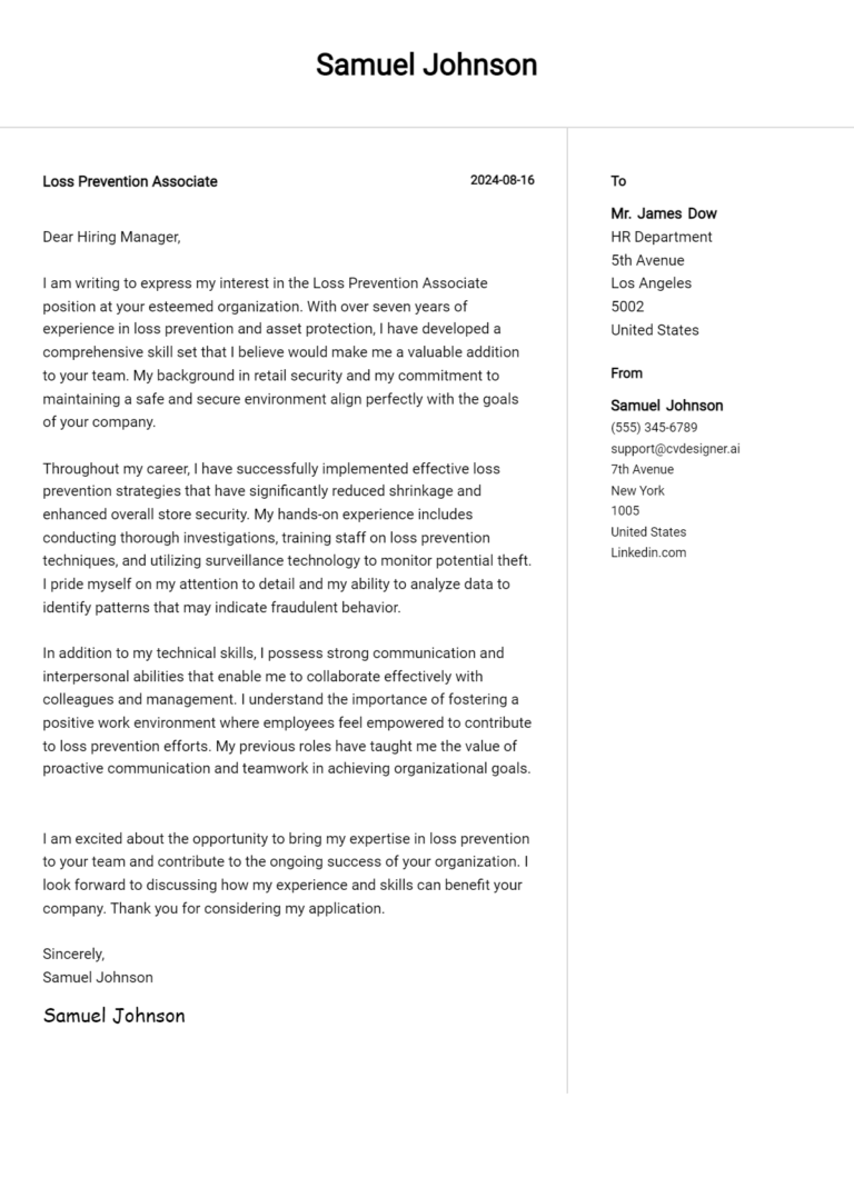 Loss Prevention Associate Cover Letter Example for 2025 (Free Templates) 1 Loss Prevention Associate Cover Letter Example for 2025 (Free Templates)