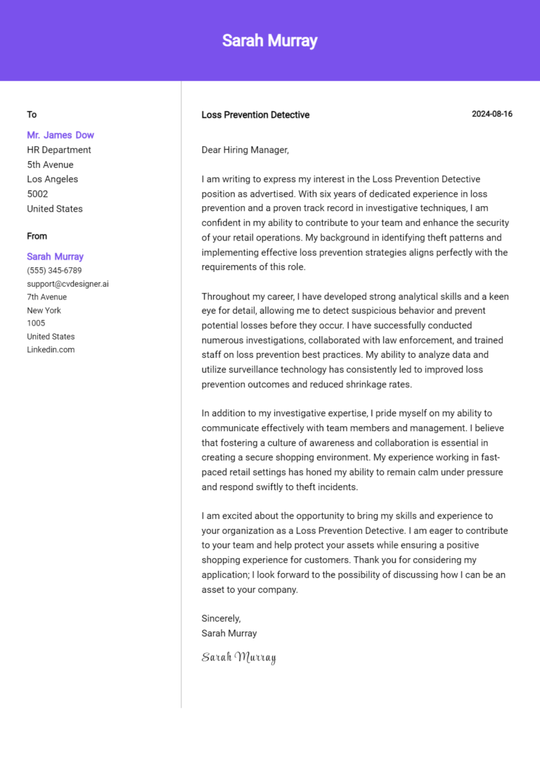 Loss Prevention Detective Cover Letter Example for 2025 (Free Templates)