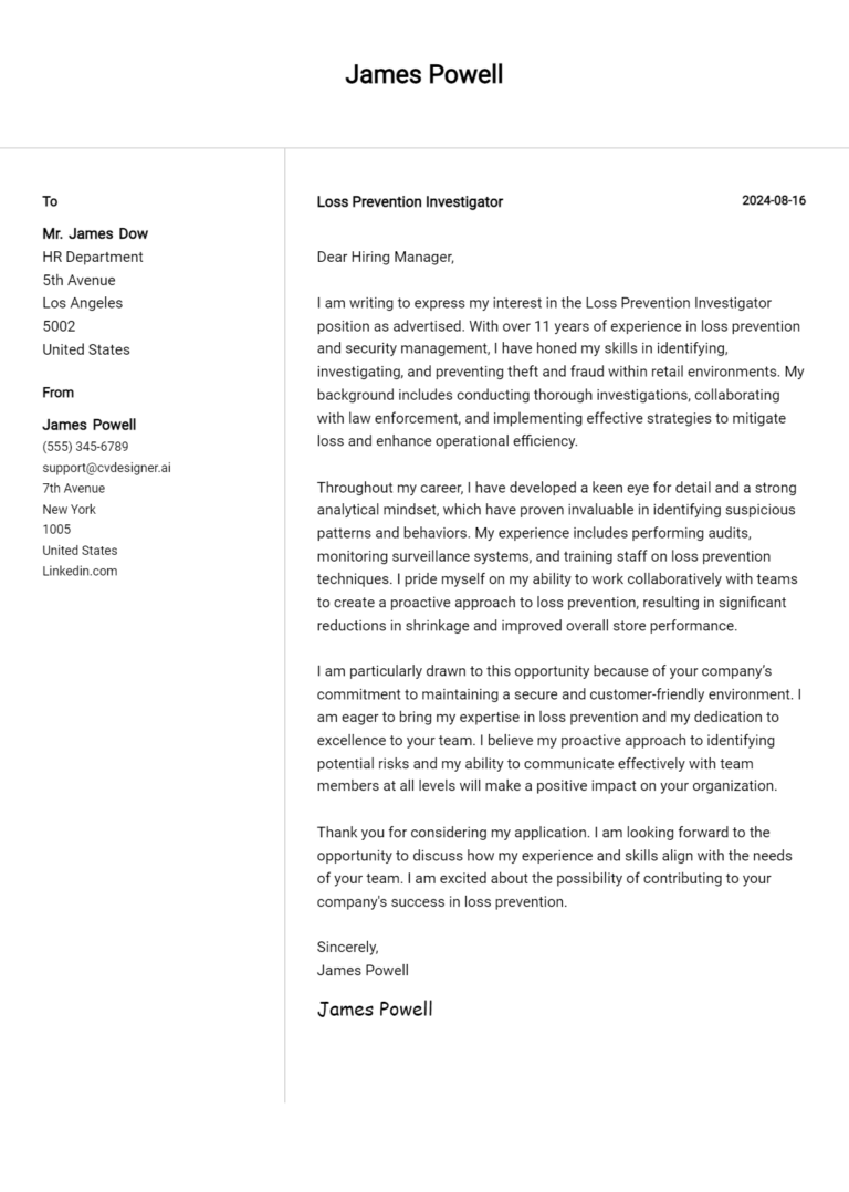 Loss Prevention Investigator Cover Letter Example for 2025: Expert Tips & Templates