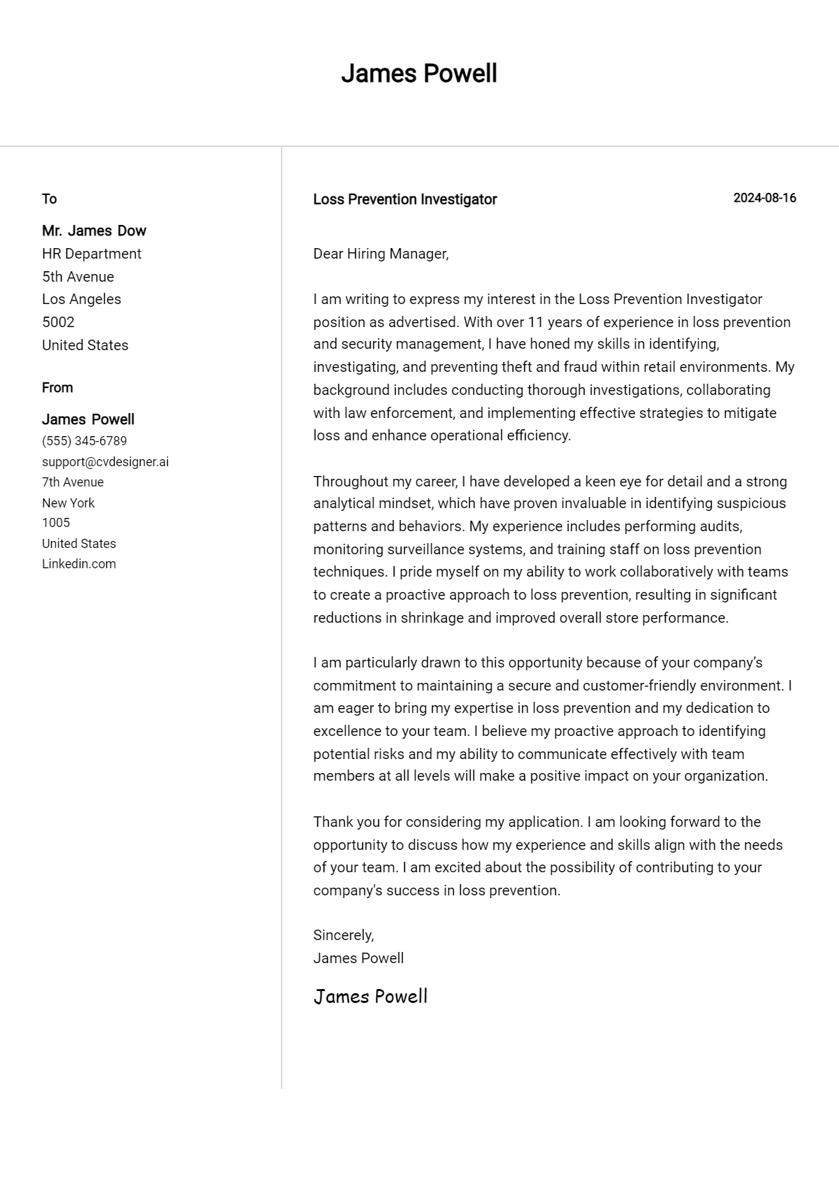 loss prevention investigator cover letter example