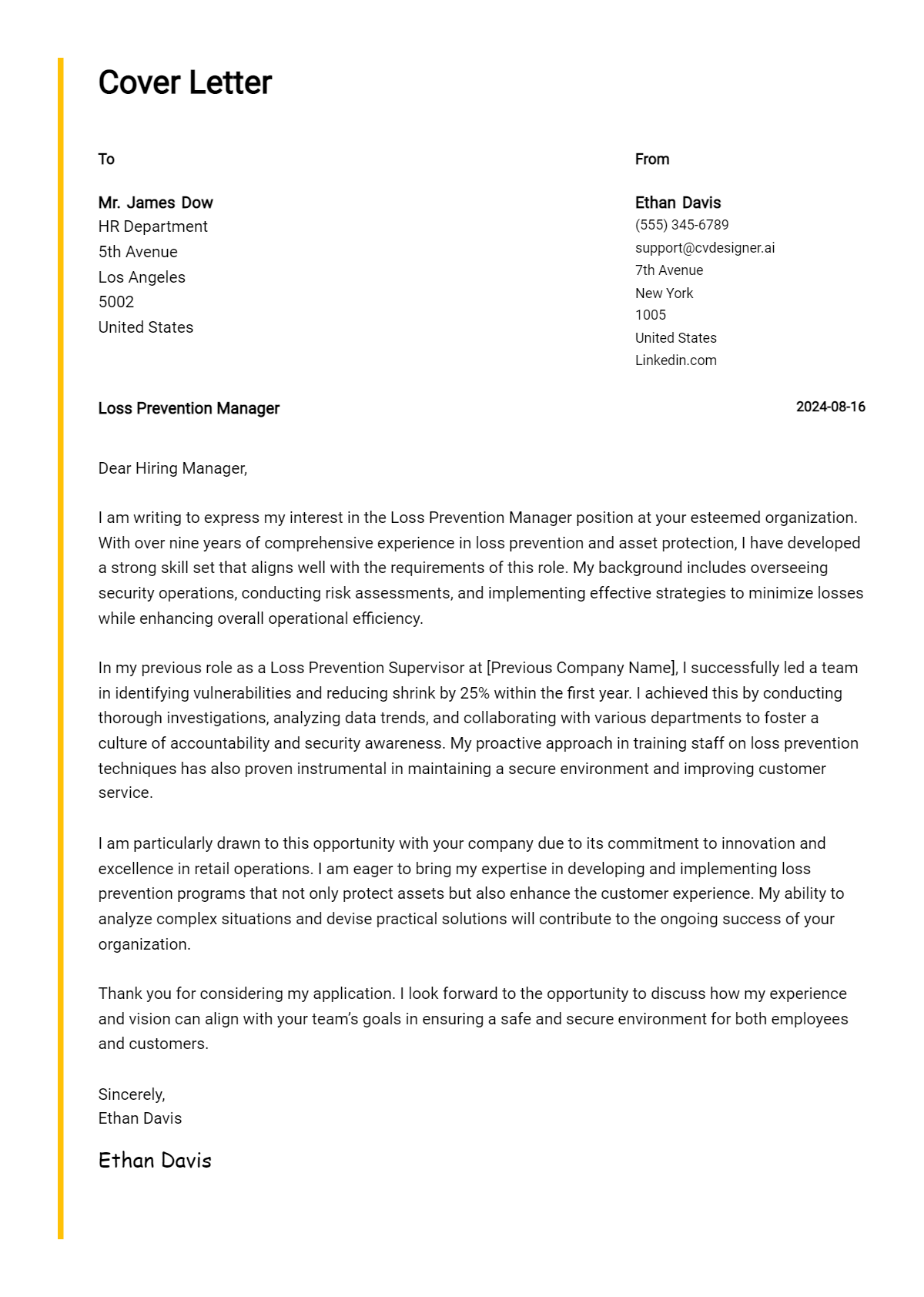 loss prevention manager cover letter example