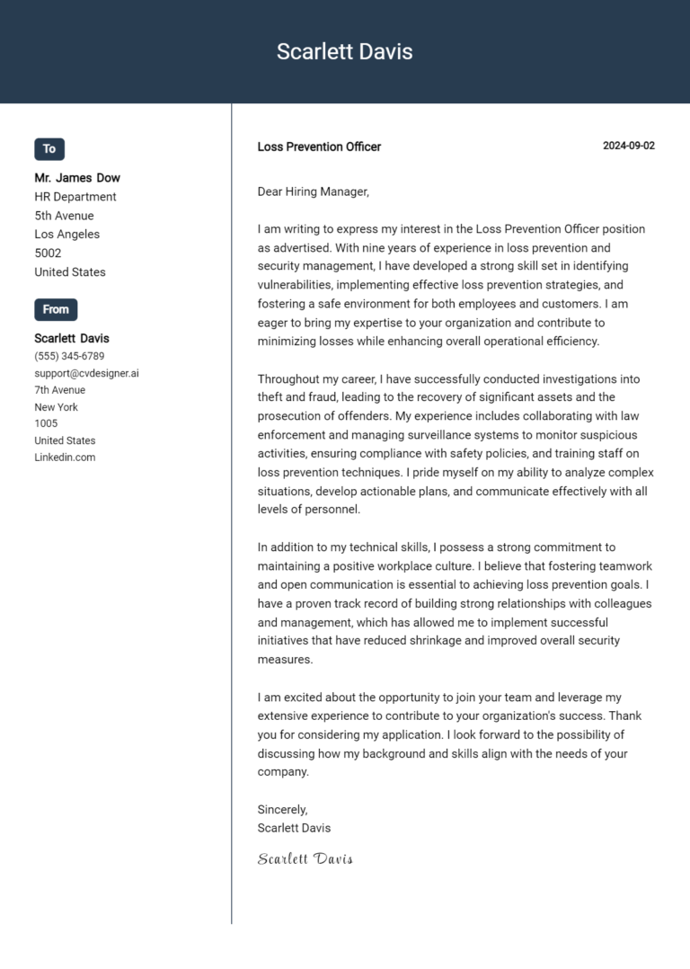 Loss Prevention Officer Cover Letter Example for 2025 (Download Templates)