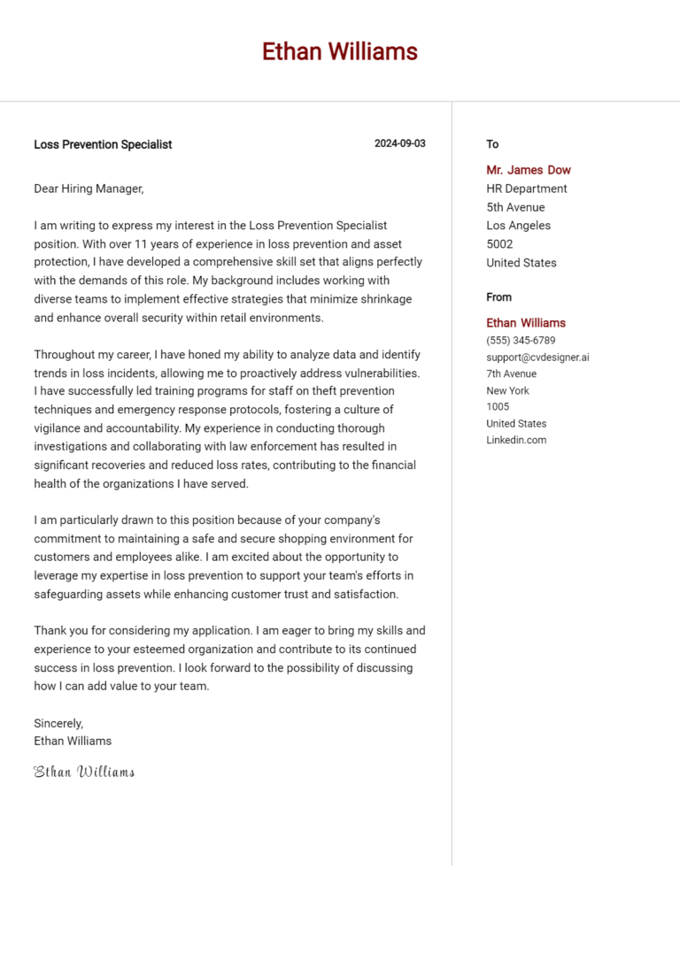 Loss Prevention Specialist Cover Letter Example for 2025 (Free Templates)