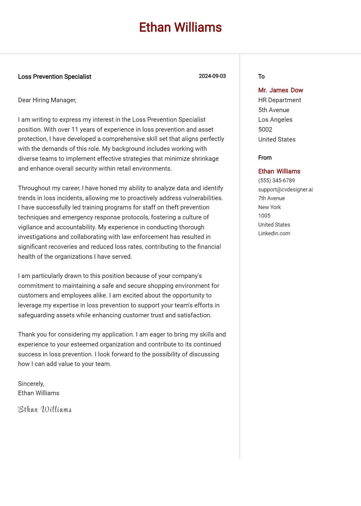 loss prevention specialist cover letter example