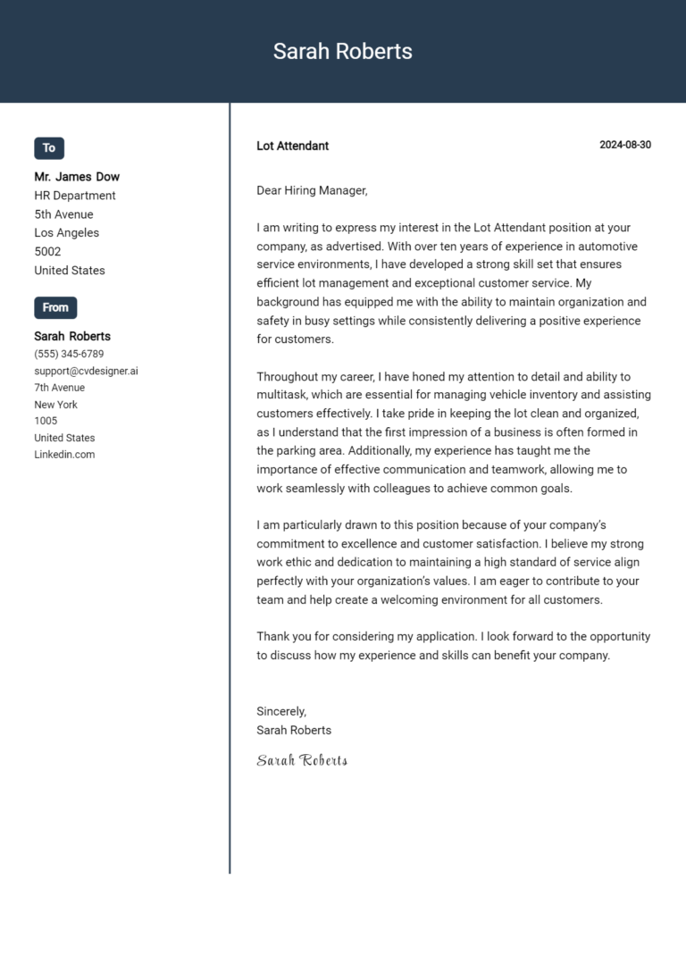 Lot Attendant Cover Letter Example for 2025: Top CV Skills
