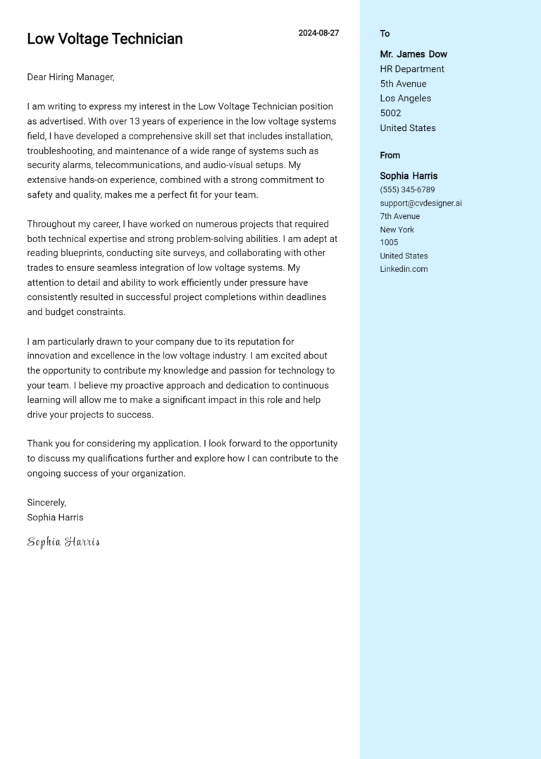 Low Voltage Technician Cover Letter Examples & Samples for 2025