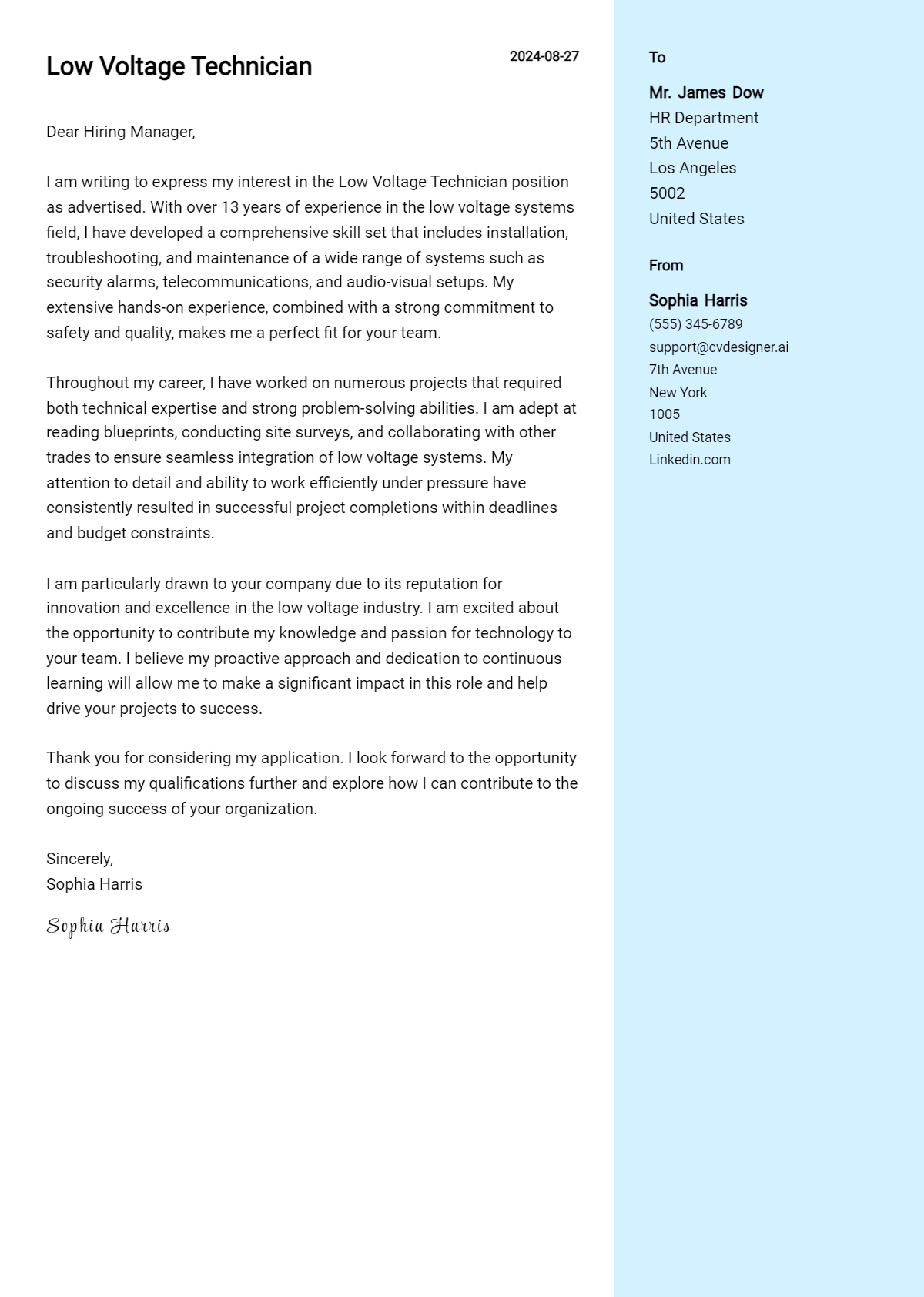 low voltage technician cover letter example