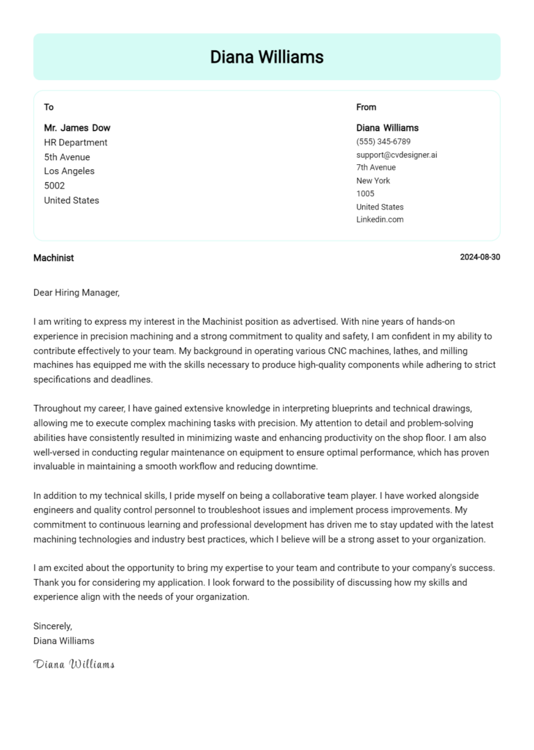 Machinist Cover Letter Example for 2025 (Writing Guide)