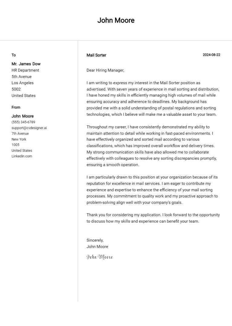 Mail Sorter Cover Letter Examples with Writing Tips for 2025