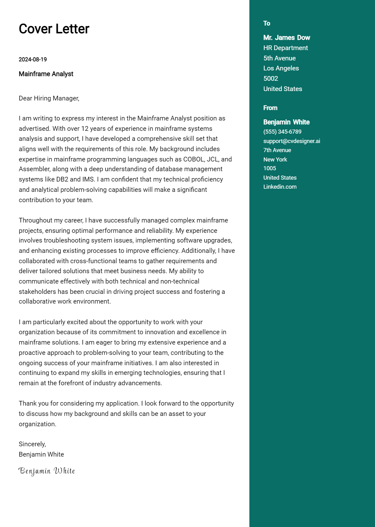mainframe analyst cover letter example