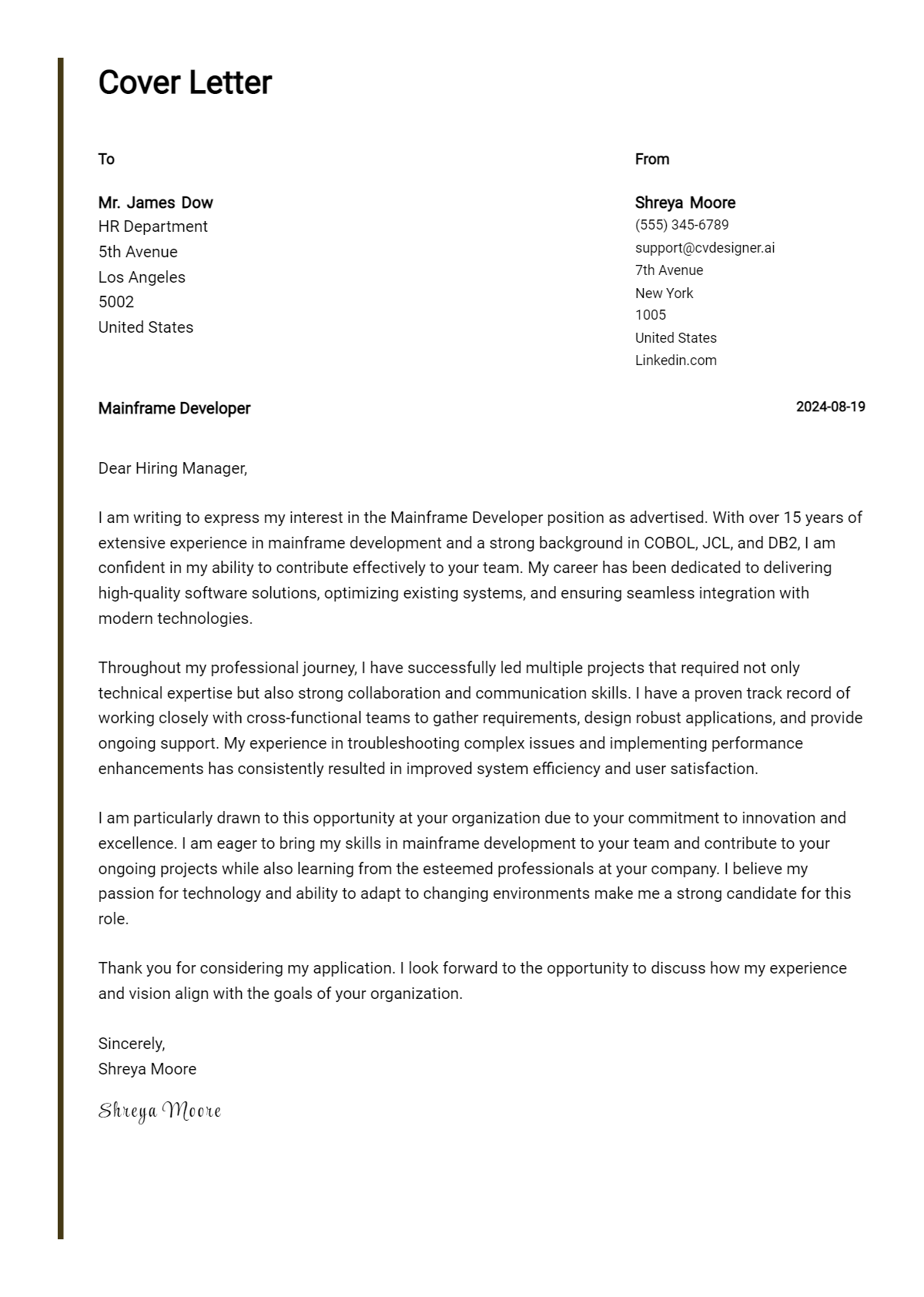 mainframe developer cover letter example
