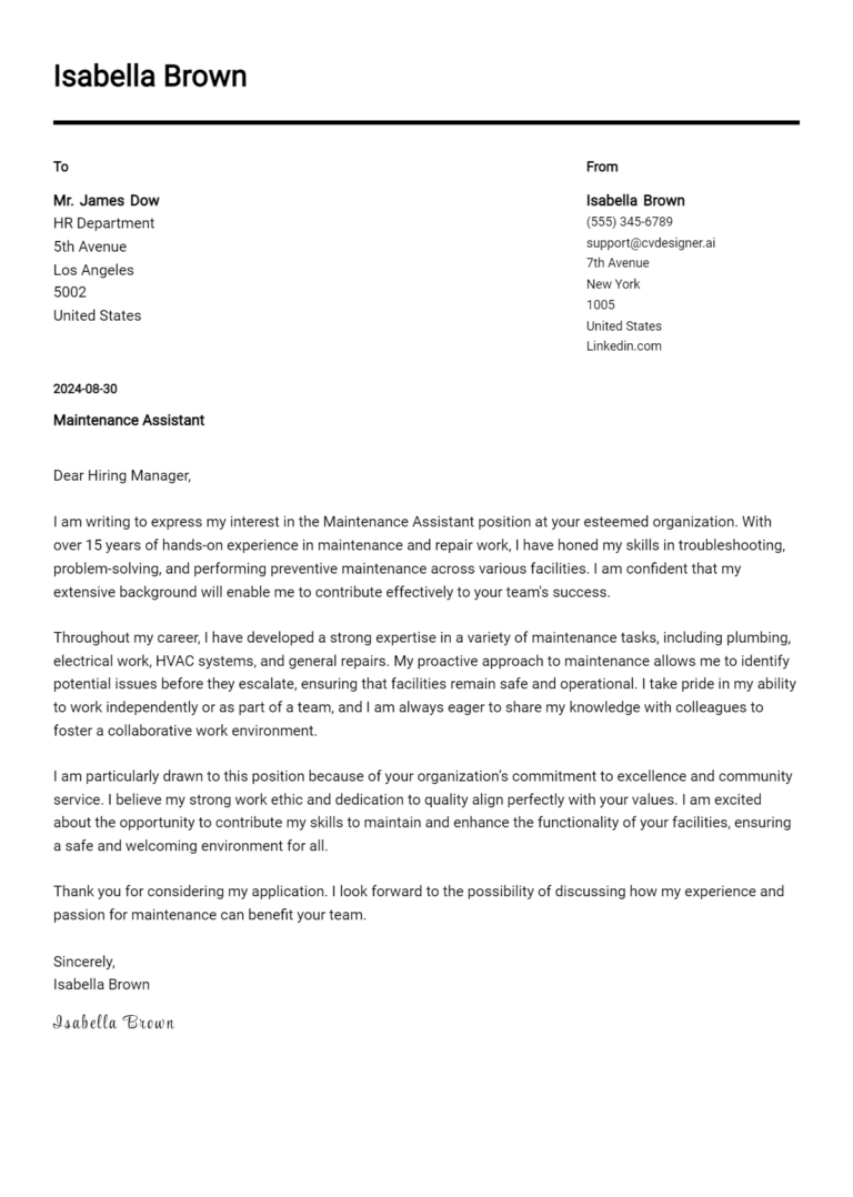 12 Maintenance Assistant Cover Letter Examples for 2025: Proven Tips