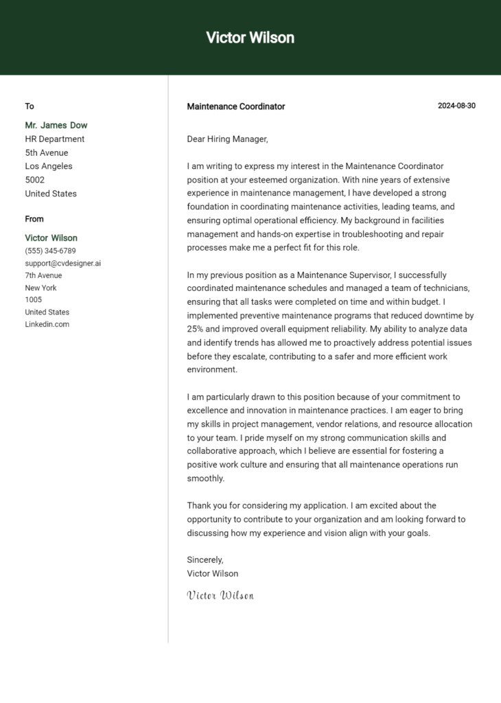 maintenance coordinator cover letter example