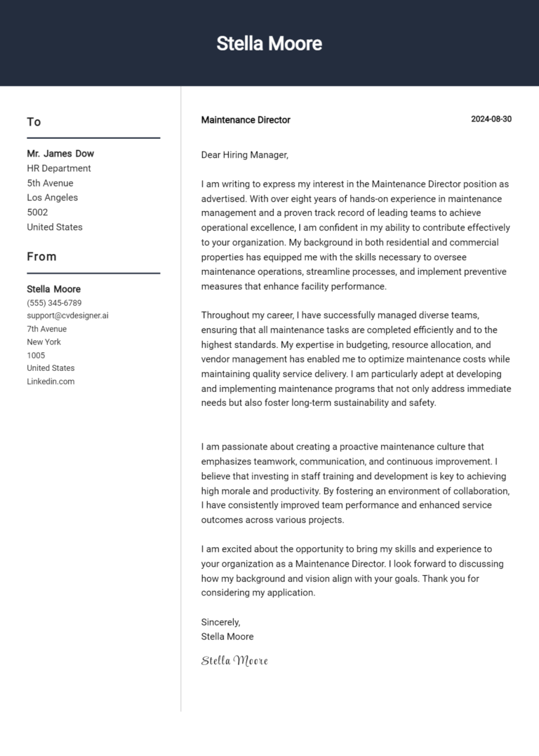 Maintenance Director Cover Letter Examples and Templates for 2025