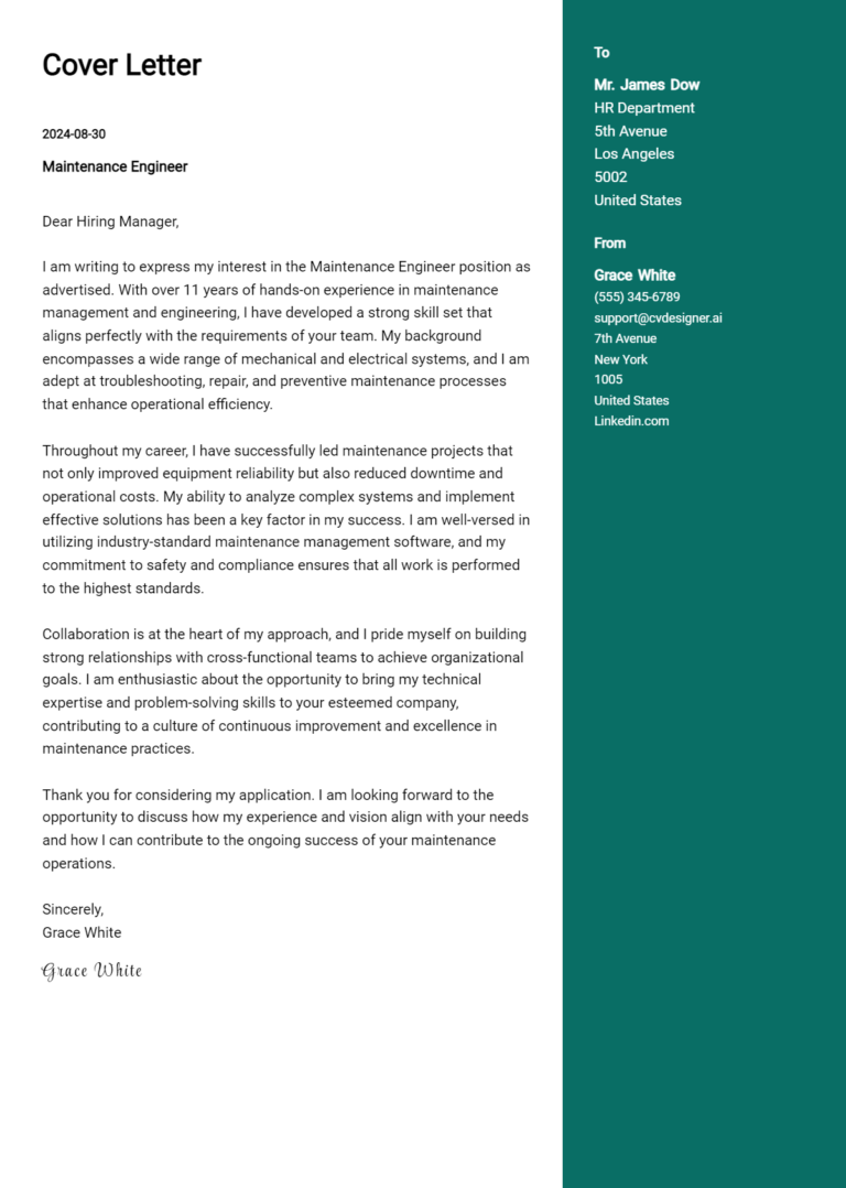 14 Maintenance Engineer Cover Letter Examples for 2025: Top CV Skills