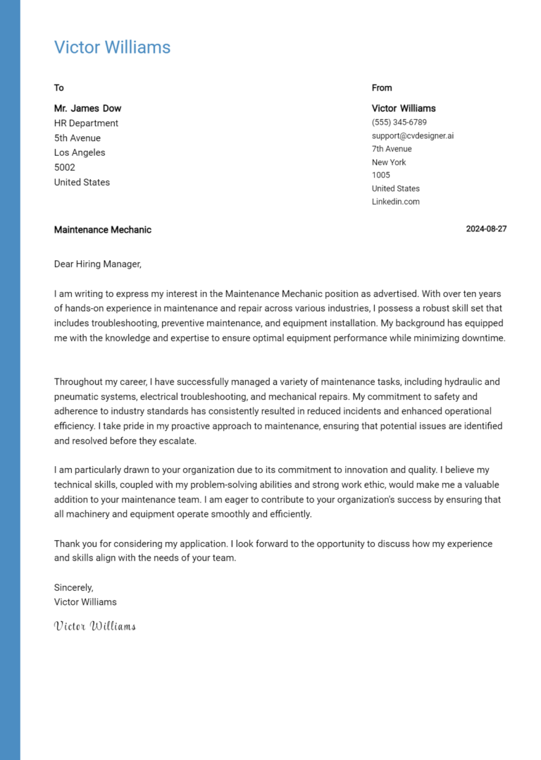 Maintenance Mechanic Cover Letter Example for 2025: Tips & Templates