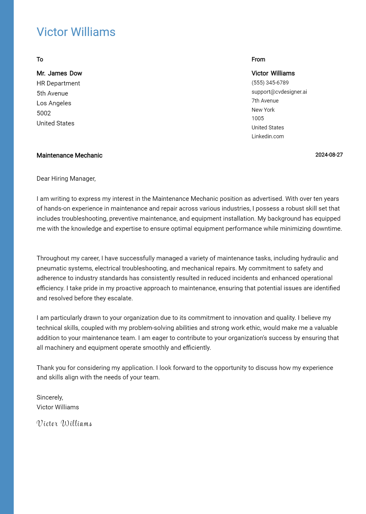 maintenance mechanic cover letter example