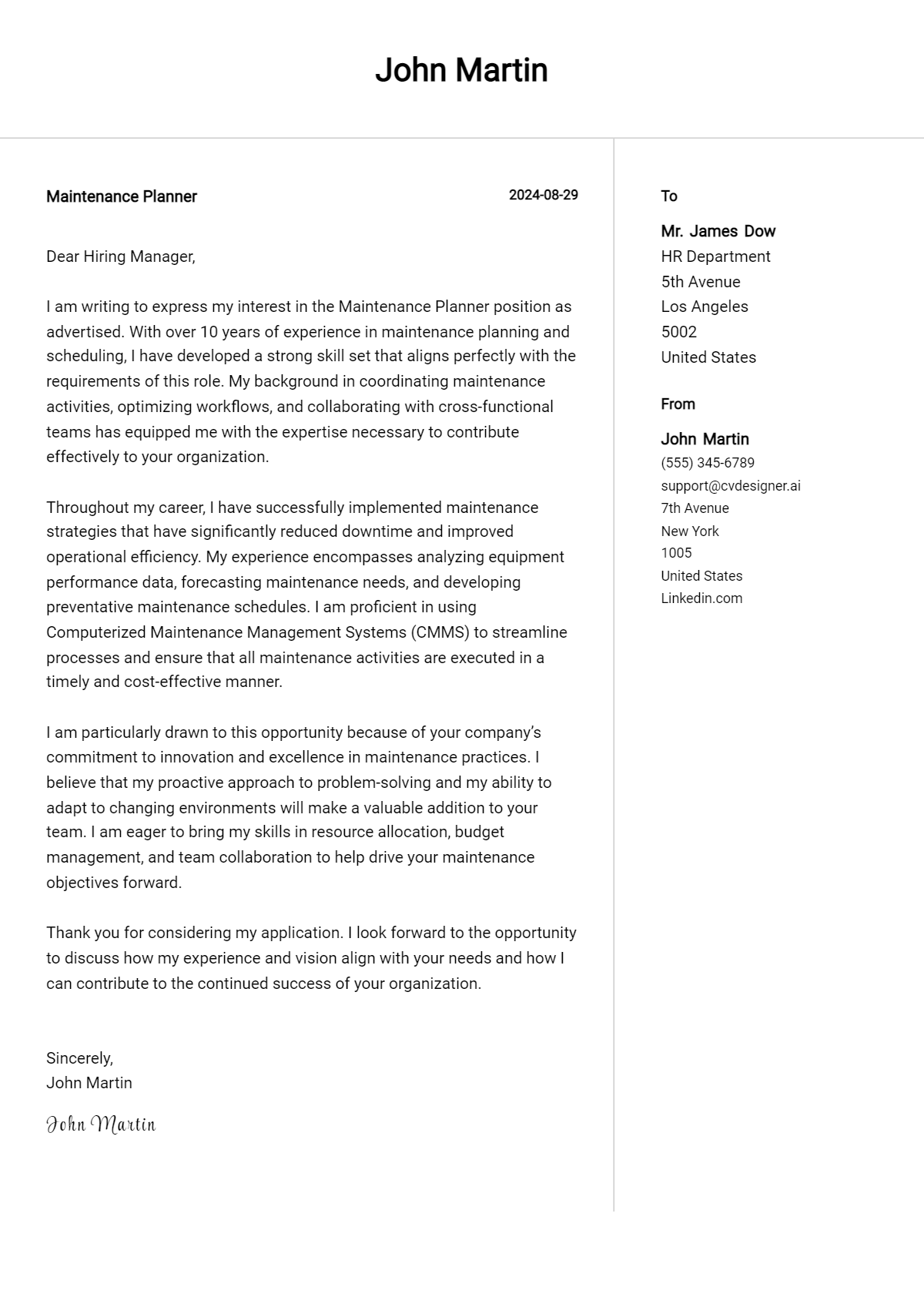 maintenance planner cover letter example