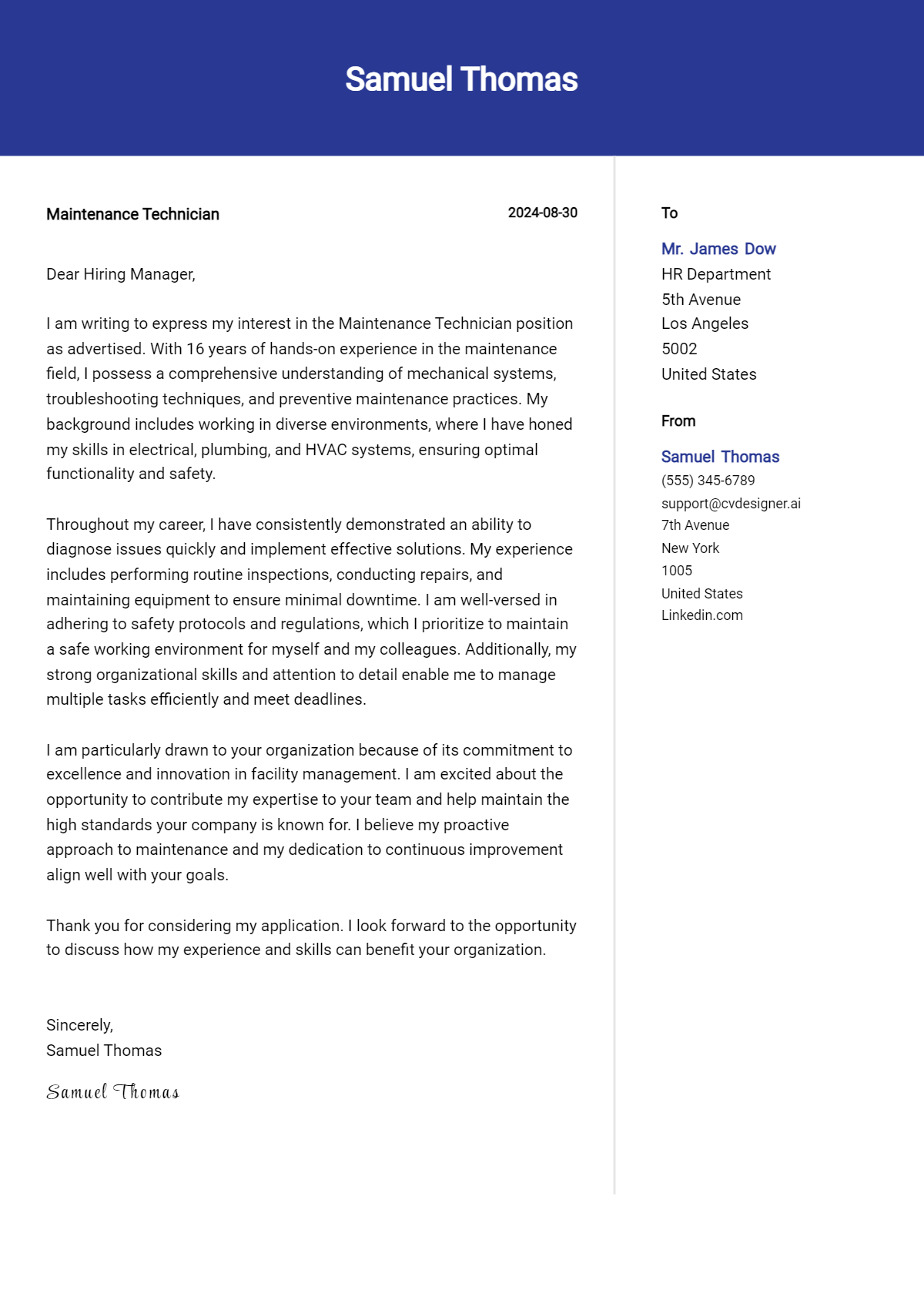 maintenance technician cover letter example