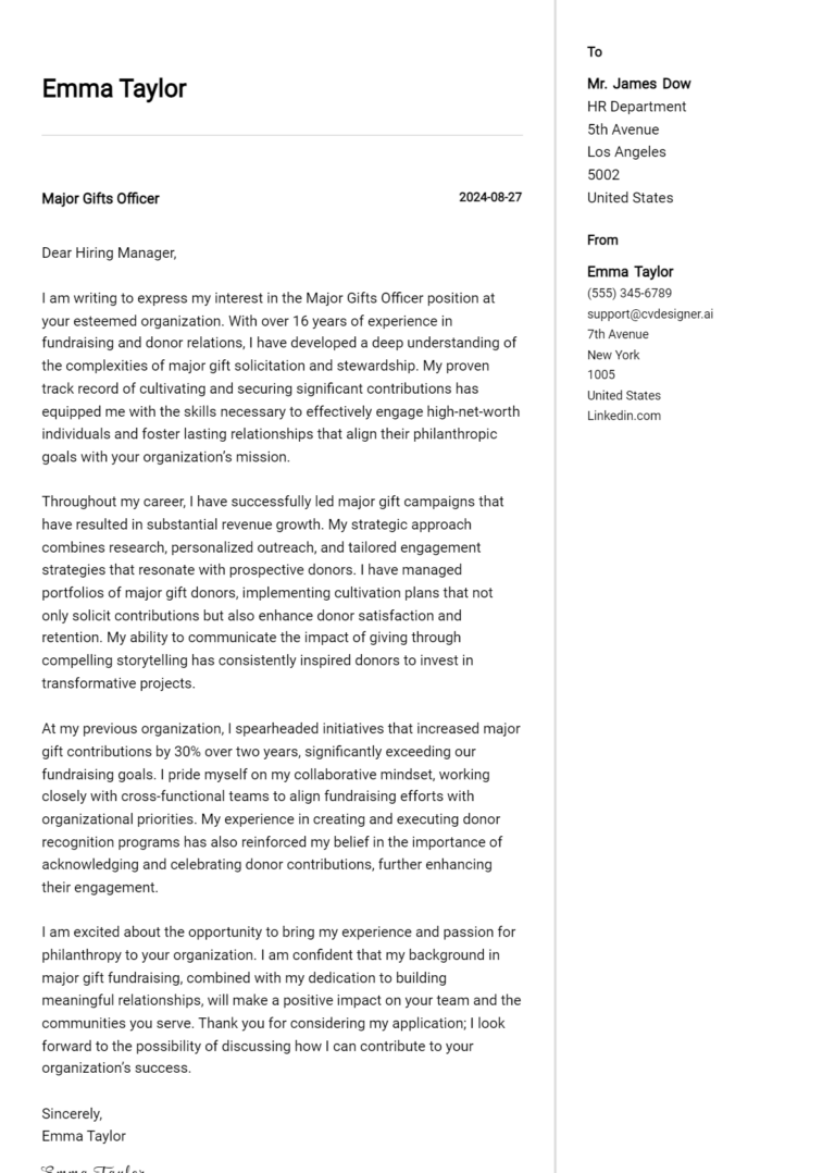 Major Gifts Officer Cover Letter Samples & Examples 2025