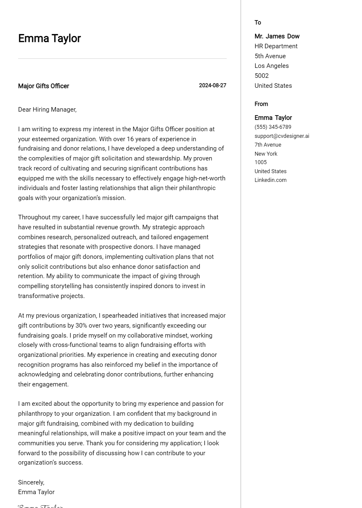 major gifts officer cover letter example