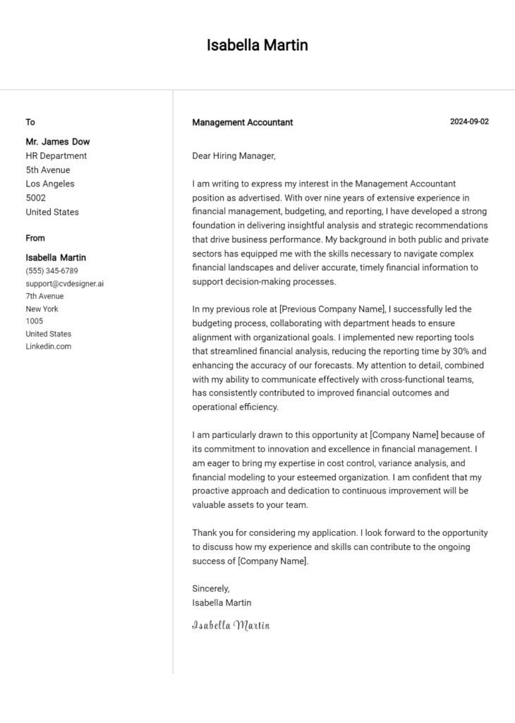 management accountant cover letter example